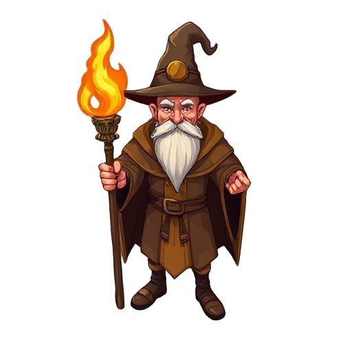 supreme fire mage old man with hat and cloak and a staff in flames