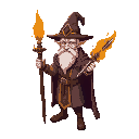 supreme fire mage old man with hat and cloak and a staff in flames and a sword in flames