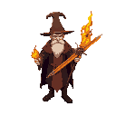 supreme fire mage old man with hat and cloak and a staff in flames and a long sword in flames