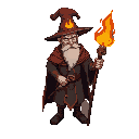 supreme fire mage old man with hat and cloak and a staff in flames