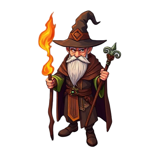 supreme fire mage old man with hat and cloak and a staff