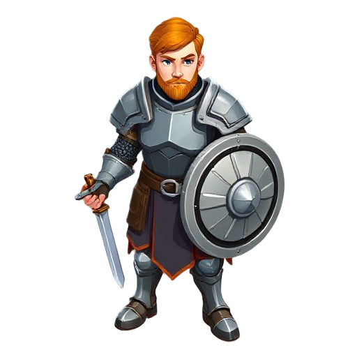 ginger hair, with metal heavy plate armor and a heavy plate skirt, holding a short sword and a round buckler shield