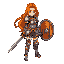 ginger long hair girl, with metal heavy plate armor and a heavy plate skirt, holding a short sword and a round wooden buckler shield 