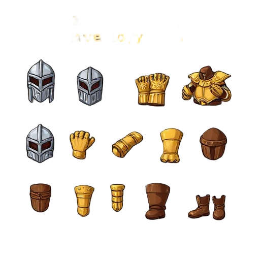 create the following inventory item list: iron helmet, iron armor, iron gloves, iron boots, gold helmet, gold armor, gold gloves, gold boots, leather helmet, leather armor, leather gloves, leather boot