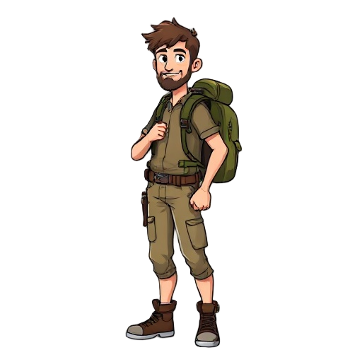 create an adventurer man with a backpack, side view