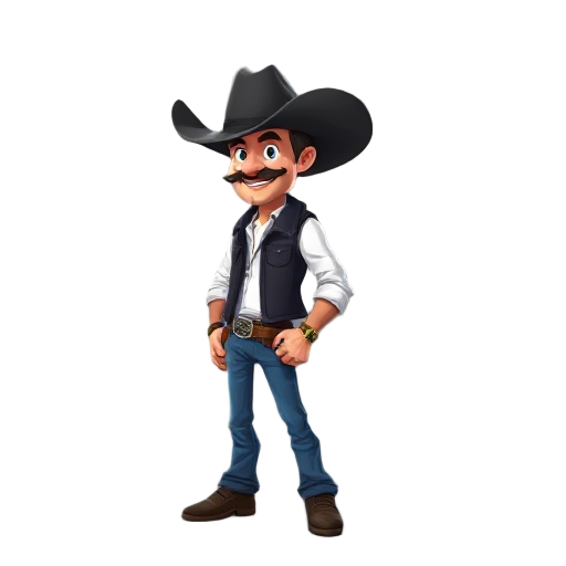 man a cowboy, he wears a large black hat, blue jeans, a white shirt, a black vest