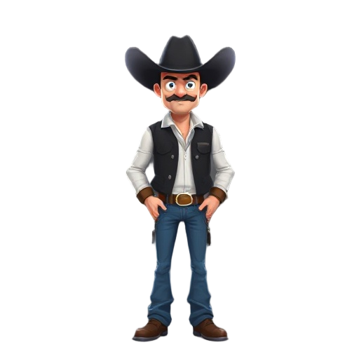 man a cowboy, he wears a large black hat, blue jeans, a white shirt, a black vest
