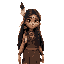 a young indigenous woman with long dark hair adorned with feathers stands in a lush forest. her deep brown eyes show wisdom, and she wears tribal clothing with intricate patterns, blending with nature