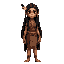 a young indigenous woman with long dark hair adorned with feathers stands in a lush forest. her deep brown eyes show wisdom, and she wears tribal clothing with intricate patterns, blending with nature
