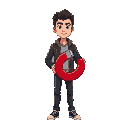 a male character holding a magnet in his hand