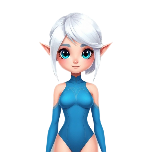 white hair elf girl in a blue leotard