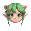 green hair, pink highlights, short elf ears, pigtails, teal eyes, faint blush, shy smile