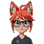 human, fox ears, red hair, blue eyes, round glasses, smug, young girl