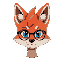 kitsune, red hair, blue eyes, round glasses, smug