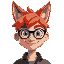 human, fox ears, red hair, blue eyes, round glasses, smug