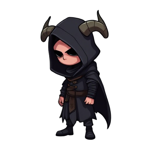 a hooded executioner, face shrouded in shadows, horns curving back from his helmet, side profile, realistic oil painting style