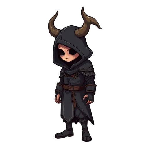 a hooded executioner, horns curving back from his helmet, side profile, realistic oil painting style