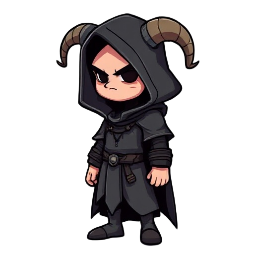 a hooded executioner, horns curving back from his helmet, side profile, realistic cartoon oil painting style