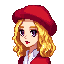 a blonde girl in a red hat