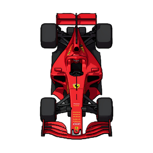 create a high-quality 2d top-down pixel art of a formula 1 racing car. main color: vibrant ferrari red. secondary colors: deep dark red for side shadows and aerodynamic curves, and matte black for the undercarriage and diffuser parts. detail the cockpit a