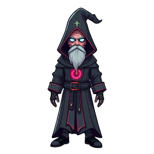 a wizard with magical cyber implants dressed in a hacker robe