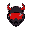 wears a black biker helmet with red horns, bright red visor