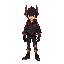 a full-body character. he wears a black and red jacket with a dragon on the back and a black biker helmet with red horns. skinny pants, black/red sneakers, a crossbody fanny pack, and gold shin guards. low resolution, detailed shading for volume, and a re