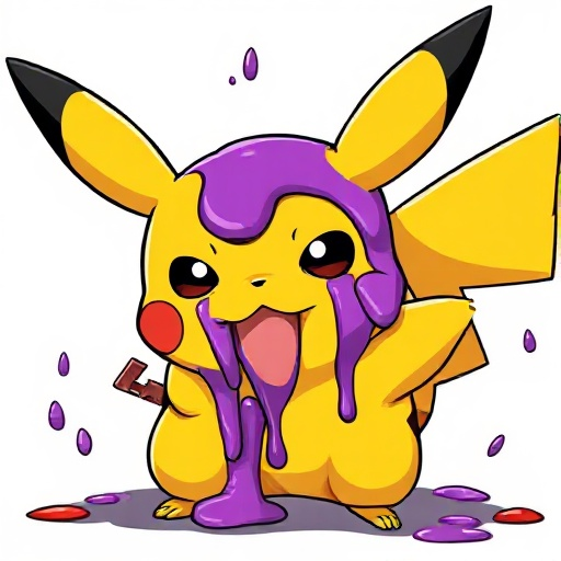 create an image of a pikachu, drooling purple slime, with blood on its face.