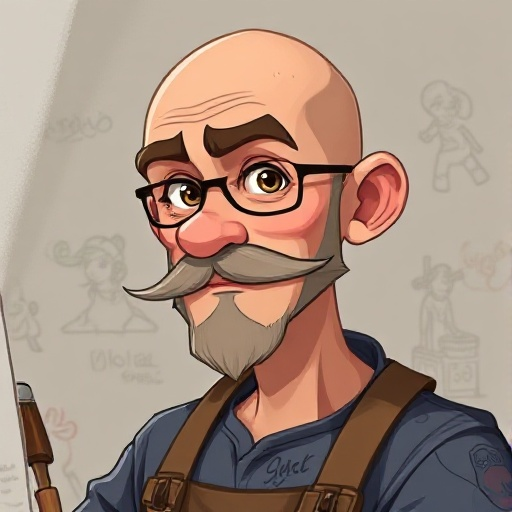 create the image of a young painter, bald, with a thin beard and a mustache, with some drawings on his body.