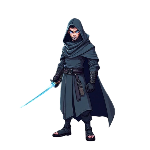 cyberpunk, neon, male, gray robe, sword