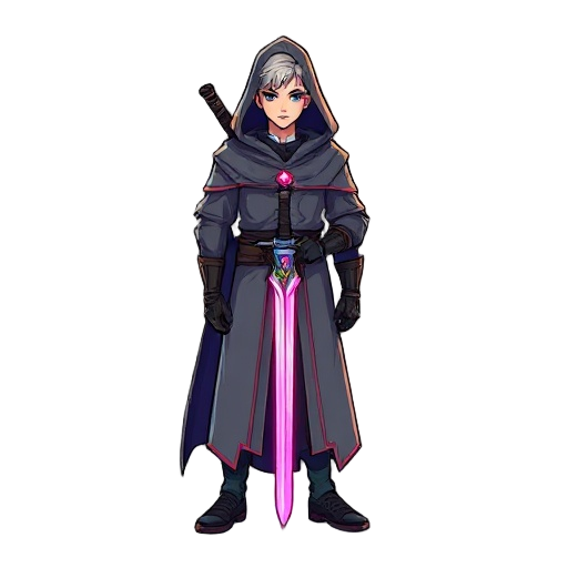 cyberpunk, neon, male, gray robe, sword