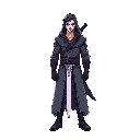 cyberpunk, neon, male, gray robe, sword