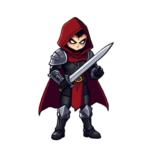 personagem pixelado para jogo de plataforma. estilo castlevania symfony of the night. suas caracteristicas: armadura de placas pesada cobrindo totalmente o corpo com capa vermelha espada e escudo