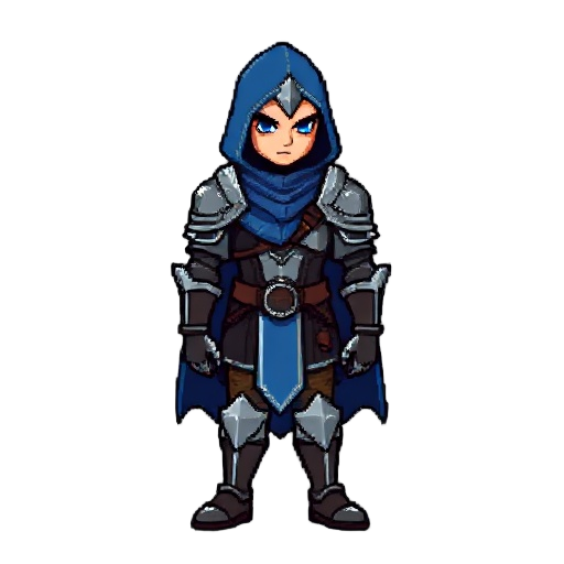 crie um personagem pixelado que é um cavaleiro medieval com capa azul e elmo com cortes em formato de cruz armadura pesada. no estilo castlevania symfony of the night