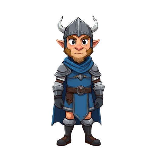 crie um personagem que é um cavaleiro medieval com capa azul e elmo com cortes em formato de cruz armadura pesada.