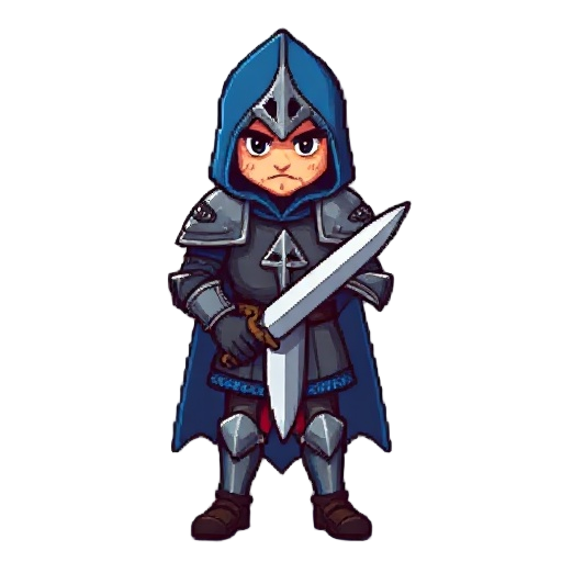 crie um personagem pixelado que é um cavaleiro medieval com capa azul, no capacete ele precisa ter frestas em fomato de cruz. armadura pesada de placas. seu rosto deve estar oculda na armadura.ele precisa ser robusto. no estilo castlevania symfony of the 