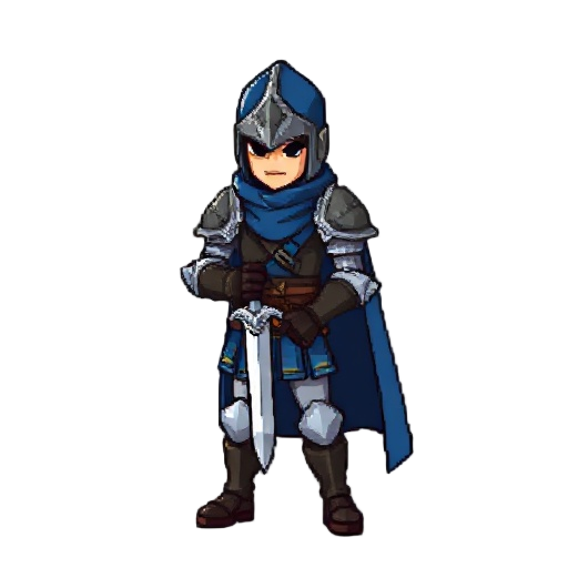 crie um personagem pixelado que é um cavaleiro medieval com capa azul, no capacete ele precisa ter frestas em fomato de cruz. armadura pesada de placas. ele precisa ser robusto. no estilo castlevania symfony of the night