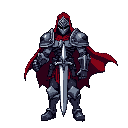 personagem pixelado para jogo de plataforma. estilo castlevania symfony of the night. suas caracteristicas: armadura de placas pesada cobrindo totalmente o corpo com capa vermelha espada e escudo