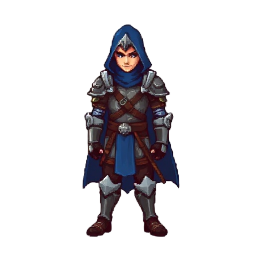 crie um personagem pixelado que é um cavaleiro medieval com capa azul, capacete com cortes em formato de cruz armadura pesada ele precisa ser robusto. no estilo castlevania symfony of the night