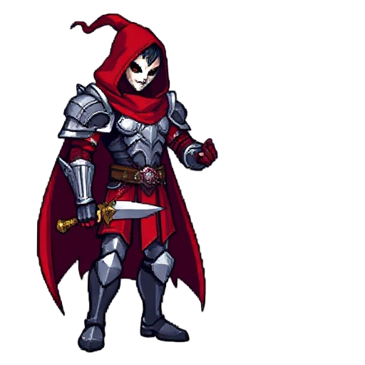personagem pixelado para jogo de plataforma. estilo castlevania symfony of the night. suas caracteristicas: armadura de placas pesada cobrindo totalmente o corpo com capa vermelha espada e escudo