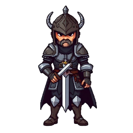 crie um personagem pixelado que é um cavaleiro medieval, capacete ele precisa ter frestas em fomato de cruz. armadura pesada de placas. seu rosto deve estar oculda na armadura.ele precisa ser robusto. no estilo castlevania symfony of the night