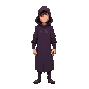 the image is a digital illustration of a person wearing a hooded cloak with a hood. the cloak is dark purple in color and has a hood that covers the person's head and shoulders. the person is standing