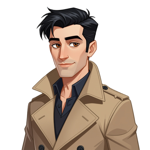pale male vampire with black hair in a trench coat. clean skin and attractive. angular face. 