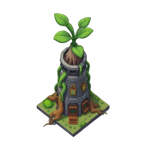 building in the game factorio. large plant grows out of the top, with a large opening at the top for a cyclonic vortex. roots grow out from the plant and off the sides of the building.
