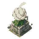 factory building with large bulbous plant growing out of it which works as a cyclone, creating a pollen vortex. roots protrude from the plant over the side of the factory. cabinet perspective