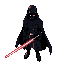 sith lord, standing still, holding a red lightsaber, wearing all black armor, wearing a black helmet covering his face.