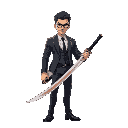 a corporate job man holding a big katana in one hand and a cigarette in the other.