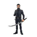 a corporate job man with big katana in hand