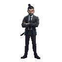 a corporate job man with big katana 