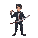a corporate job man with big katana in hand and one hand cigrate 